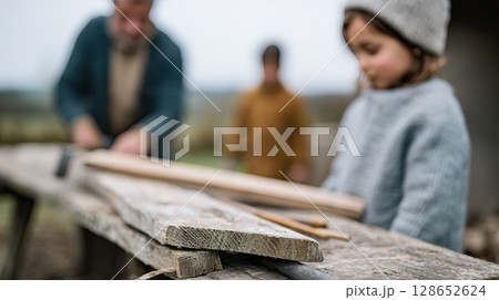 Family Crafting Together in Woodworking Project Outdoors with Focus on Child and Tools 128652624