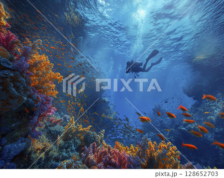 Colorful coral reef with scuba diver exploring vibrant underwater ecosystem surrounded by schools of fish and clear blue water 128652703