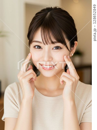 目元に指を置く女性 128652849