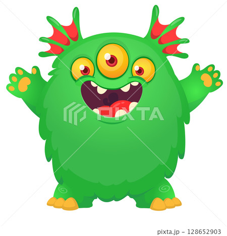 Cartoon cute monster with funny excited face expression waving hands . Vector illustration isolated on white. Halloween design Cartoon cute monster with funny excited face expression waving hands . Vector illustration isolated on white. Halloween design 128652903