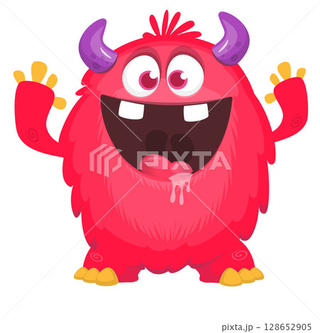 Cartoon cute monster with funny excited face expression waving hands . Vector illustration isolated on white. Halloween design 128652905