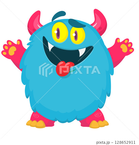 Cartoon cute monster with funny excited face expression waving hands . Vector illustration isolated on white. Halloween design Cartoon cute monster with funny excited face expression waving hands . Vector illustration isolated on white. Halloween design 128652911