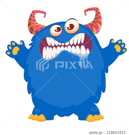 Cartoon cute monster with funny excited face expression waving hands . Vector illustration isolated on white. Halloween design 128652915