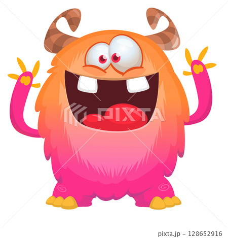 Cartoon cute monster with funny excited face expression waving hands . Vector illustration isolated on white. Halloween design Cartoon cute monster with funny excited face expression waving hands . Vector illustration isolated on white. Halloween design 128652916