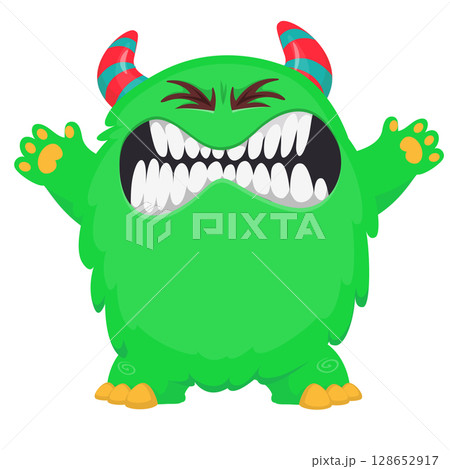 Cartoon cute monster with funny excited face expression waving hands . Vector illustration isolated on white. Halloween design Cartoon cute monster with funny excited face expression waving hands . Vector illustration isolated on white. Halloween design 128652917