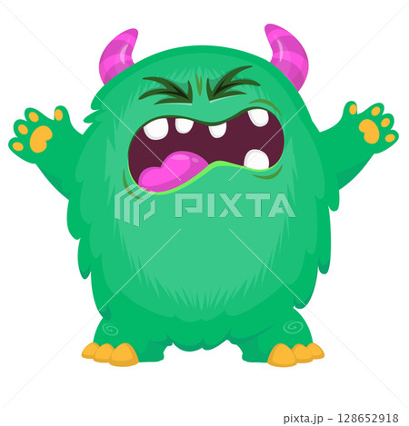 Cartoon cute monster with funny excited face expression waving hands . Vector illustration isolated on white. Halloween design 128652918