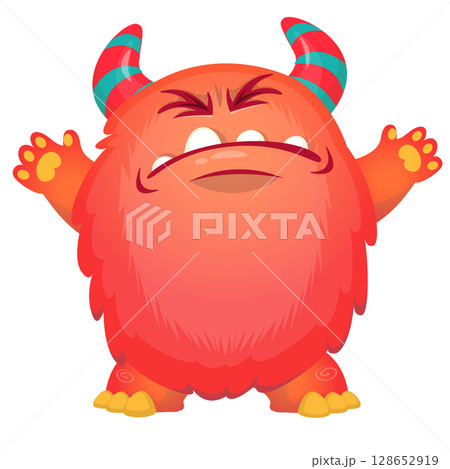 Cartoon cute monster with funny excited face expression waving hands . Vector illustration isolated on white. Halloween design 128652919