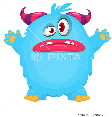 Cartoon cute monster with funny excited face expression waving hands . Vector illustration isolated on white. Halloween design 128652922
