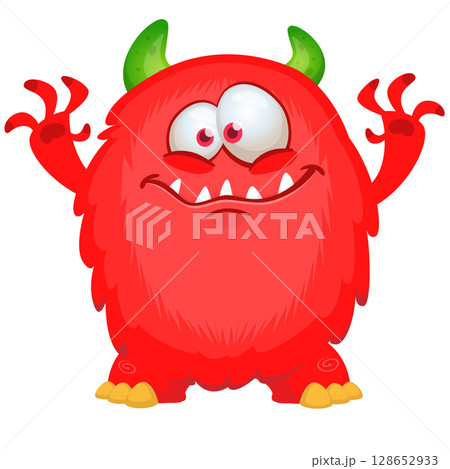 Cartoon cute monster with funny excited face expression waving hands . Vector illustration isolated on white. Halloween design Cartoon cute monster with funny excited face expression waving hands . Vector illustration isolated on white. Halloween design 128652933