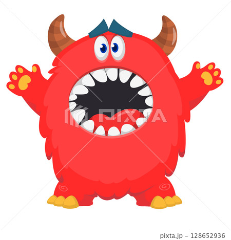 Cartoon cute monster with funny excited face expression waving hands . Vector illustration isolated on white. Halloween design Cartoon cute monster with funny excited face expression waving hands . Vector illustration isolated on white. Halloween design 128652936