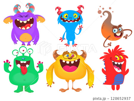 Funny cartoon monsters with different face expressions. Set of cartoon vector happy monsters characters. Halloween design for party decoration, package design Funny cartoon monsters with different face expressions. Set of cartoon vector happy monsters characters. Halloween design for party decoration, package design 128652937
