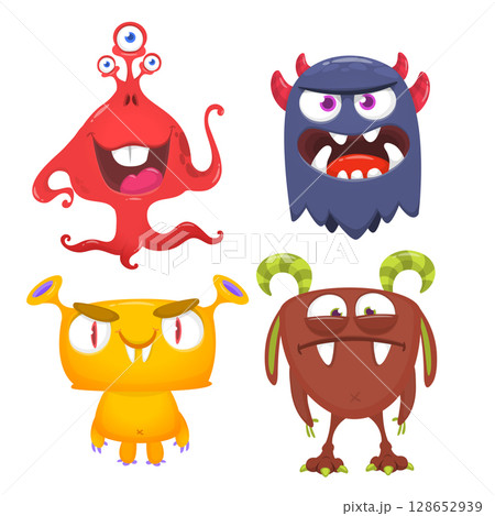Funny cartoon monsters with different face expressions. Set of cartoon vector happy monsters characters. Halloween design for party decoration, package design Funny cartoon monsters with different face expressions. Set of cartoon vector happy monsters characters. Halloween design for party decoration, package design 128652939