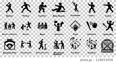 棒球運動員和相關圖標的集合 128653056