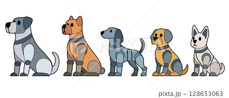 Vector set of contour mechanical dogs various breed. Collection of contour robot puppies. Terrier, dachshund, shepherd and bulldog. 128653063