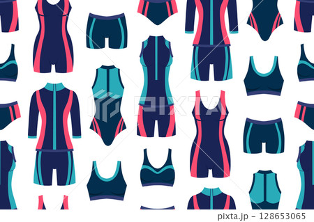 Vector seamless pattern with sports women swimsuits. Texture with sports wetsuits for swimming pools, cycling competitions and gymnastics. Vector seamless pattern with sports women swimsuits. Texture with sports wetsuits for swimming pools, cycling competitions and gymnastics. 128653065