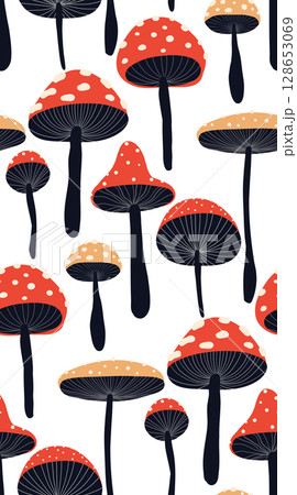Vector seamless pattern with stylized fly agarics on white background. Texture with drawn magic amanita mushrooms 128653069