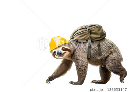 防災リュックを背負いゆっくり避難するナマケモノ 128653147