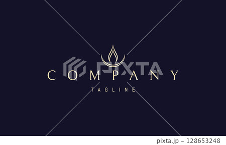 A vector golden logo featuring an abstract image a flame rising above a crescent moon, symbolizing mystery, transformation, and cosmic energy. 128653248