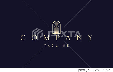 A vector golden logo featuring an abstract image an arch with a rising sun inside. A vector golden logo featuring an abstract image an arch with a rising sun inside. 128653292