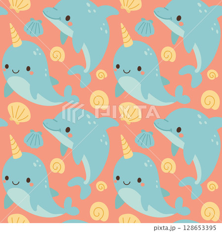 Charming narwhal and dolphin pattern with shells and bubbles, designed in pastel colors for fun marine-themed kids products Charming narwhal and dolphin pattern with shells and bubbles, designed in pastel colors for fun marine-themed kids products 128653395