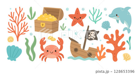 Whimsical underwater pirate vector set with a smiling crab, dolphin, treasure chest, and sea plants, perfect for playful adventure illustrations 128653396