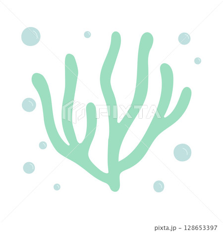 Soft green coral branch with rounded arms and floating bubbles, ideal for marine decor, aquatic stationery, or eco design elements 128653397