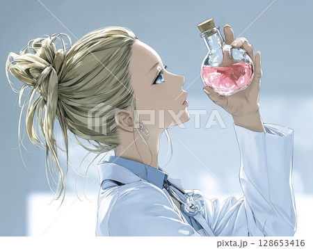 人工血液の入った試験管を持つ科学者のイラスト素材 128653416
