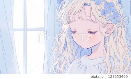 青い花と目を閉じる少女 128653490