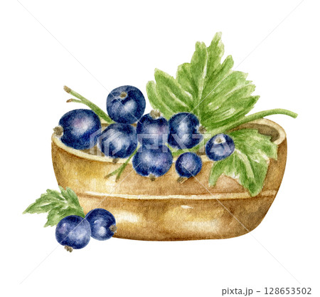 A bunch of black currant berries with green leaves in a wooden basket, hand-drawn in watercolor, stands out on a white background. Print for clothing, food packaging, kitchen textiles. Design element. 128653502