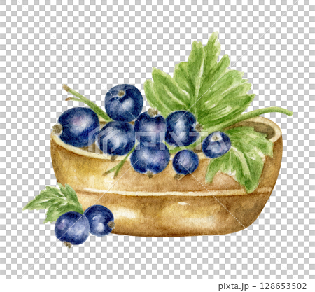 A bunch of black currant berries with green leaves in a wooden basket, hand-drawn in watercolor, stands out on a white background. Print for clothing, food packaging, kitchen textiles. Design element. 128653502
