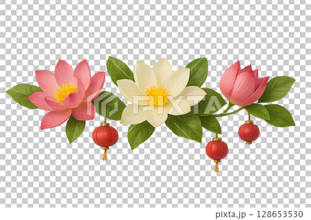 Mid autumn festival flowers with lanterns and leaves on transparent background Mid autumn festival flowers with lanterns and leaves on transparent background 128653530