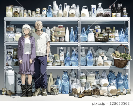 非常食を備蓄するシニア夫婦のイラスト素材 128653562
