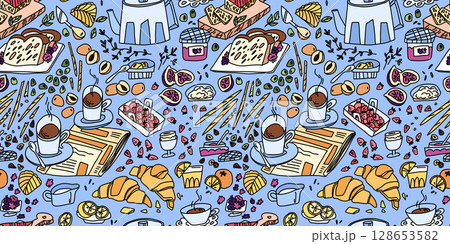 Table setting for french breakfast with coffee croissants and toast on blue background, doodle style 128653582