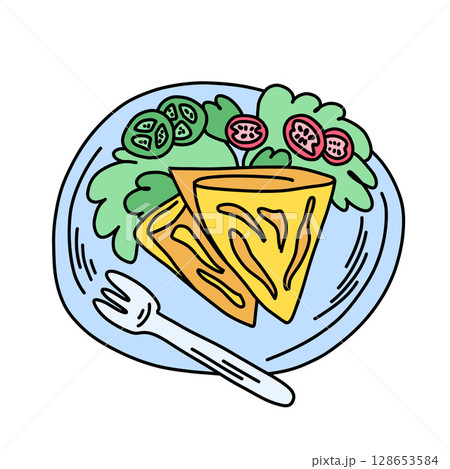 Illustration of omelette with vegetable salad and fork on plate. Greens tomatoes cucumbers in doodle 128653584
