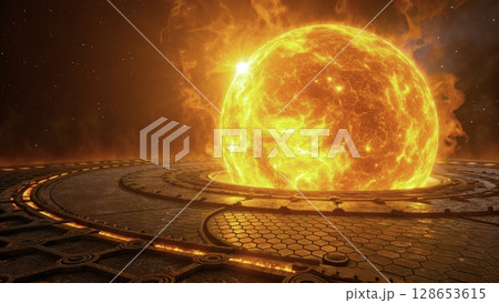 Bright sun emerging from a circular platform surrounded by fiery elements in a dark cosmic background 128653615