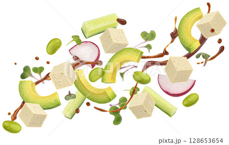 Tofu salad ingredients isolated on white background with clipping path 128653654