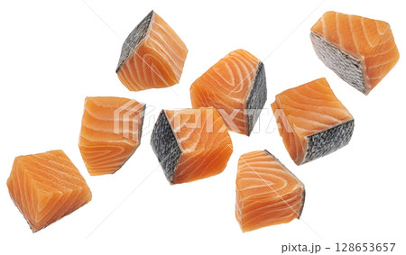 Salmon fillet cubes isolated on white background with clipping path, full depth of field 128653657