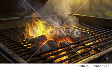 Flames dance above glowing charcoal in a backyard grill during a sunny evening gathering 128653742