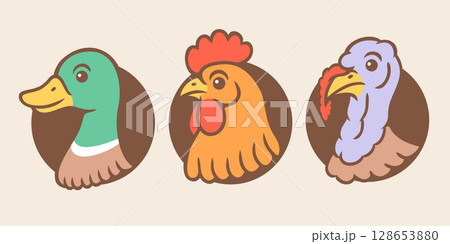 Vector set illustrations of turkey, chicken and duck heads in retro style. Vintage illustrations of turkey, rooster and duck Vector set illustrations of turkey, chicken and duck heads in retro style. Vintage illustrations of turkey, rooster and duck 128653880