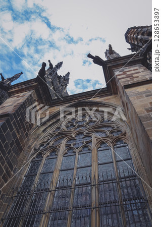 Old Catholic stone church in Gothic style. Church in Prague, Czech republic Old Catholic stone church in Gothic style. Church in Prague, Czech republic 128653897