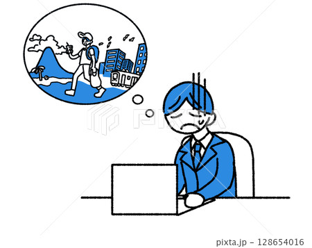 旅行したいと思う仕事中の男性会社員 旅行したいと思う仕事中の男性会社員 128654016