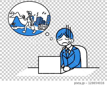 旅行したいと思う仕事中の男性会社員 旅行したいと思う仕事中の男性会社員 128654016
