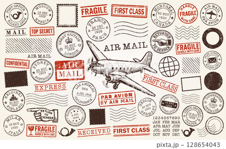 Grunge postage stamp set. Old Post stamp collection. Retro grunge postmark airmail. Vintage grunge postage stamp. Postal Vector illustration image. Isolated on white background. Grunge postage stamp set. Old Post stamp collection. Retro grunge postmark airmail. Vintage grunge postage stamp. Postal Vector illustration image. Isolated on white background. 128654043