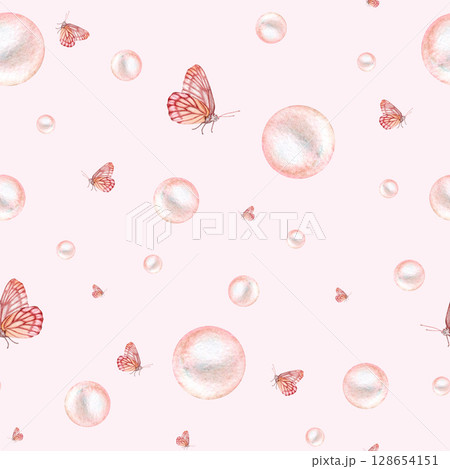 Seamless pattern with burgundy orange butterfly and pink pearls, hand drawn in watercolor. Seamless pattern with burgundy orange butterfly and pink pearls, hand drawn in watercolor. 128654151