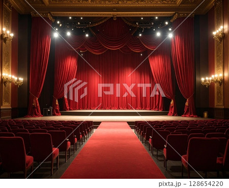 深紅の高級ドレープカーテン 舞台やイベントの華やかな背景素材 深紅の高級ドレープカーテン 舞台やイベントの華やかな背景素材 128654220