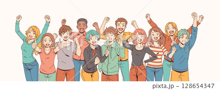Cheerful Group of Young People Celebrating Together 128654347