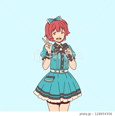 Anime character with microphone and blue dress 128654356