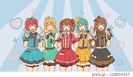 Group of animated performers in colorful outfits 128654357