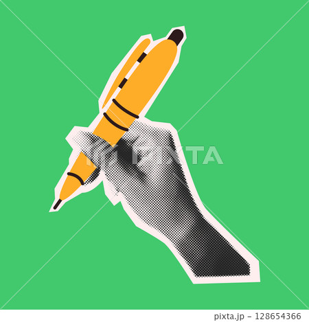 Pop Art Style Hand Holding Pen on Green Background 128654366