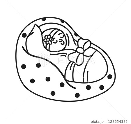 Black and White Illustration of Baby Sleeping in Blanket Black and White Illustration of Baby Sleeping in Blanket 128654383